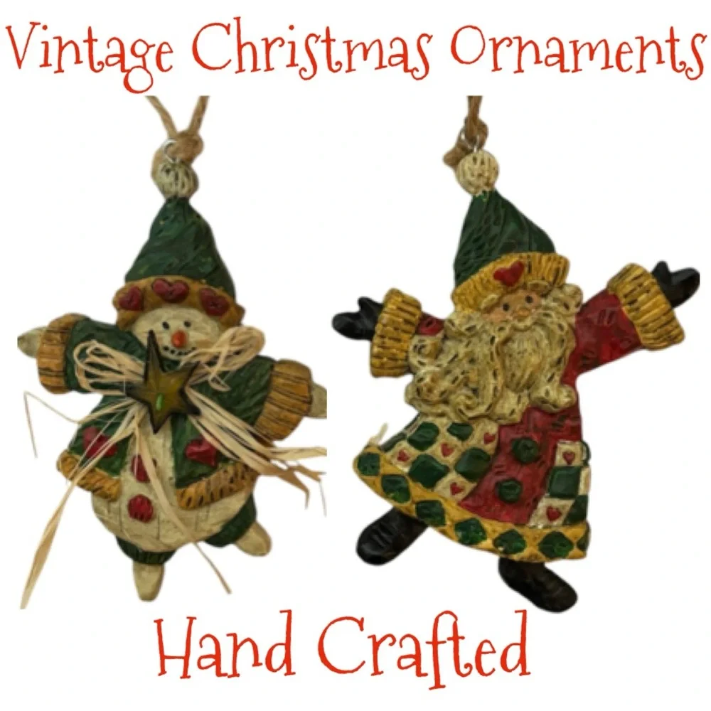 Whimsical Christmas Ornaments Hand Crafted Vintage Snowman Santa 2 Pc Set Red